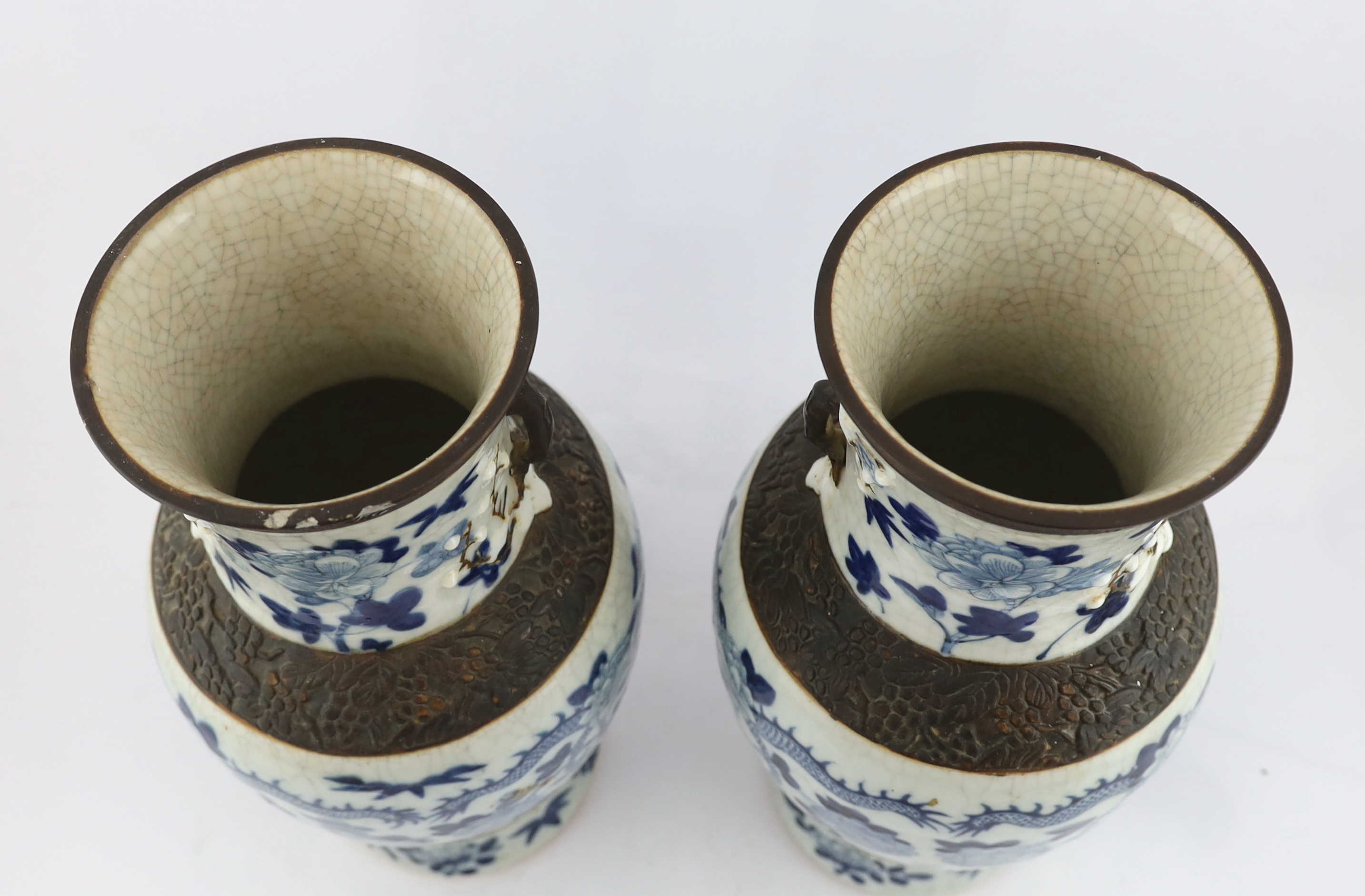 A pair of large Chinese blue and white crackle-glaze ‘dragon’ vases, early 20th century